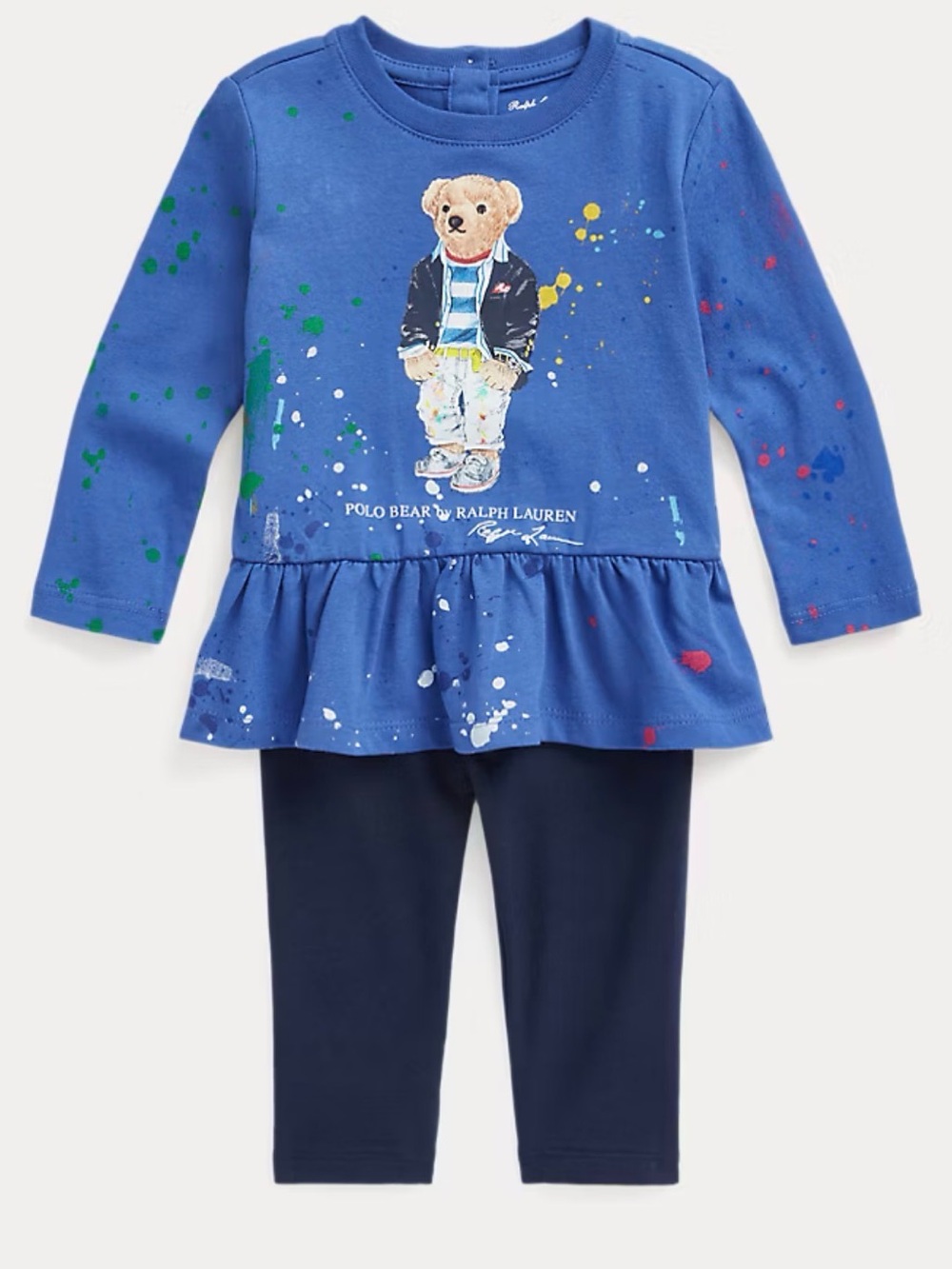 Ralph Lauren Jersey Peplum Top & Legging Set for Baby Girl Polo Bear - Blue 24m